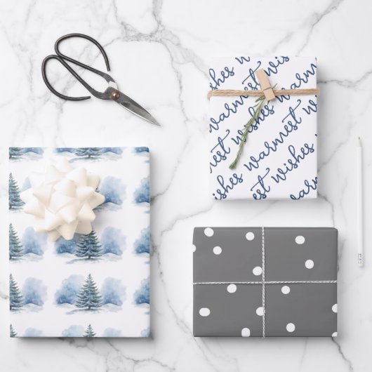 暖かい願い雪の覆われた常緑樹 ラッピングペーパーシート (正面)