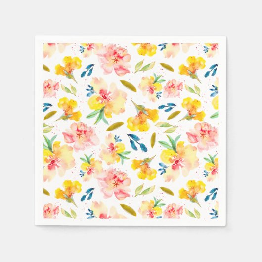 暖かい黄色とピンクの水のカラーフローラ スタンダードカクテルナプキン (正面)