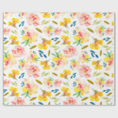 暖かい黄色とピンクの水のカラーフローラ ラッピングペーパー (フラット)