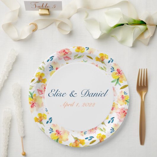 暖かい黄色とピンクの水の色のフローラプレート ペーパープレート (ウェディング)