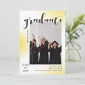 暖かい黄色の灰色の線の背景の写真の卒業 招待状 (スタンド正面)