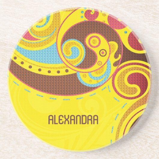 暖かい&イエロートーン抽象芸術スワーズ – モノグラム コースター (正面)