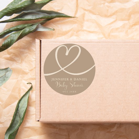 暖かいTaupeハート赤ちゃんシャワーミニマルスクリプト ラウンドシール