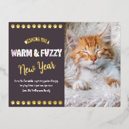 暖かくてファジーな新年ペット写真紫実在金ゴールド 箔シーズンポストカード