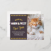 暖かくてファジーな新年ペット写真紫実在金ゴールド 箔シーズンポストカード (正面/裏面)