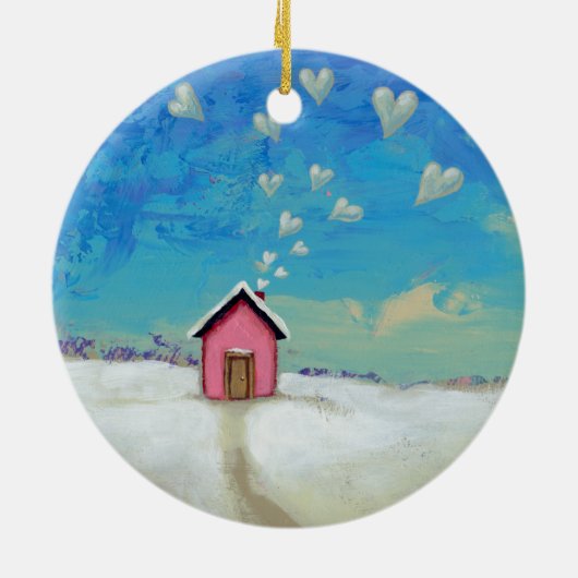 暖かくとどまる掘っ建て小屋の小屋のおもしろいのロマンチックな芸術を愛して下さい セラミックオーナメント (裏面)