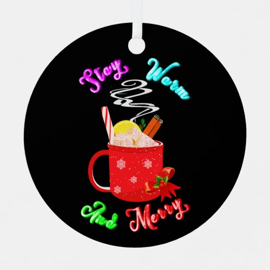 暖かくシナモンの雪メリー片クリスマス メタルオーナメント (正面)