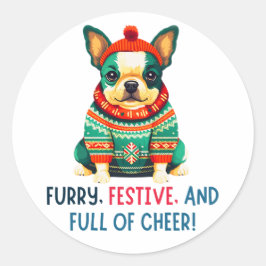 暖かくファジーなクリスマス犬 ラウンドシール