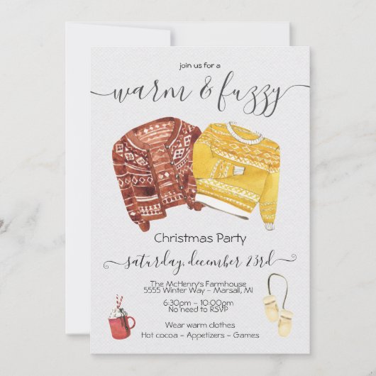 暖かくファジーなセーターホリデークリスマスパーティー 招待状 (正面)