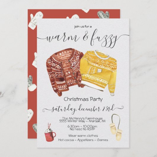 暖かくファジーなセーターホリデークリスマスパーティー 招待状 (正面/裏面)