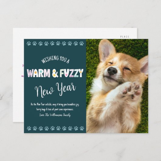 暖かくファジーなペット新年の写真タイポグラフィティール（緑がかった色） シーズンポストカード (正面/裏面)