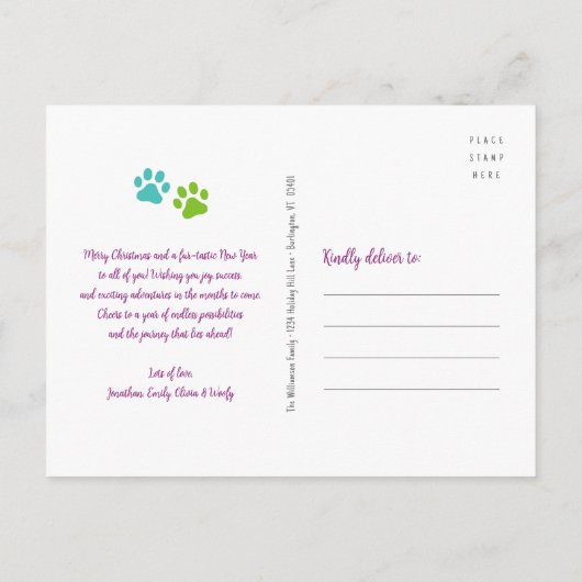 暖かくファジーなペット新年の写真タイポグラフィティール(緑がかった色) シーズンポストカード (裏面)