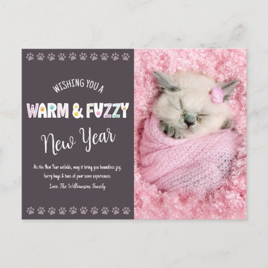 暖かくファジーなペット新年の写真タイポグラフィプラム シーズンポストカード (正面)