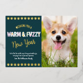 暖かくファジーなペット新年の写真ティール(緑がかった色)実在金ゴールド 箔シーズンカード (正面)