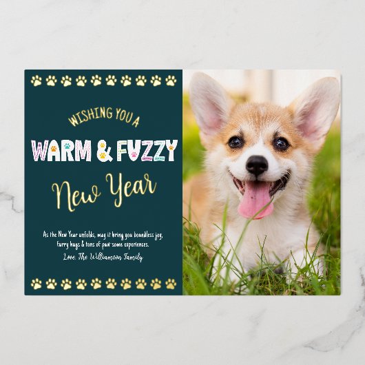 暖かくファジーなペット新年の写真ティール(緑がかった色)実在金ゴールド 箔シーズンカード (正面)