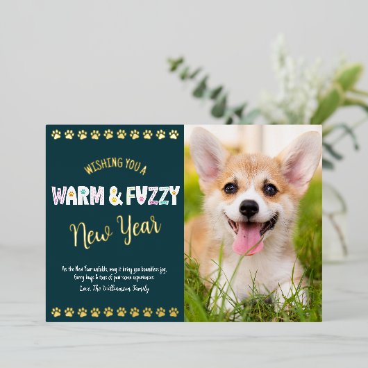 暖かくファジーなペット新年の写真ティール（緑がかった色）実在金ゴールド 箔シーズンカード (立ち正面)