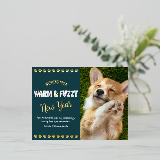 暖かくファジーなペット新年の写真ティール（緑がかった色）実在金ゴールド 箔シーズンポストカード (立ち正面)
