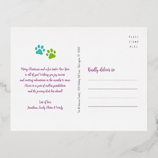 暖かくファジーなペット新年の写真ティール（緑がかった色）実在金ゴールド 箔シーズンポストカード (裏面)