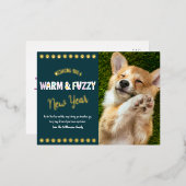 暖かくファジーなペット新年の写真ティール(緑がかった色)実在金ゴールド 箔シーズンポストカード (正面/裏面)
