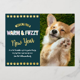 暖かくファジーなペット新年の写真ティール(緑がかった色)実在金ゴールド 箔シーズンポストカード