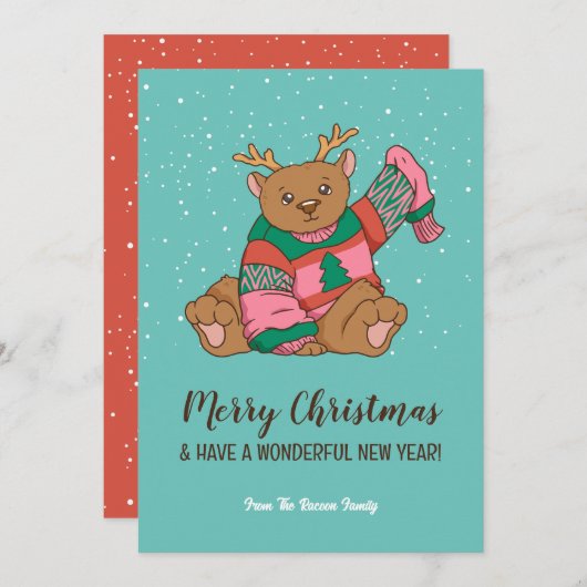 暖かく居心地の良いセーターで可愛いクマ陽気なクリスマス シーズンカード (正面/裏面)