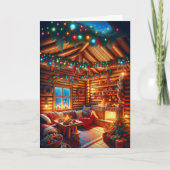 暖かく居心地の良いログキャビンクリスマスグリーティング カード (正面)