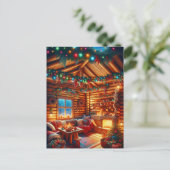 暖かく居心地の良いログキャビンクリスマスグリーティング ポストカード (スタンド正面)