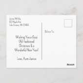 暖かく居心地の良いログキャビンクリスマスグリーティング ポストカード (裏面)