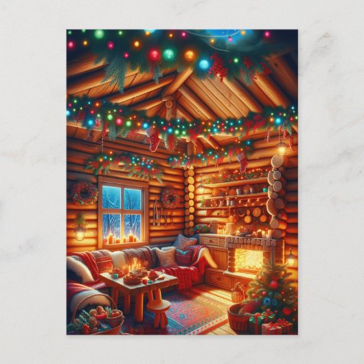 暖かく居心地の良いログキャビンクリスマスグリーティング ポストカード (正面)