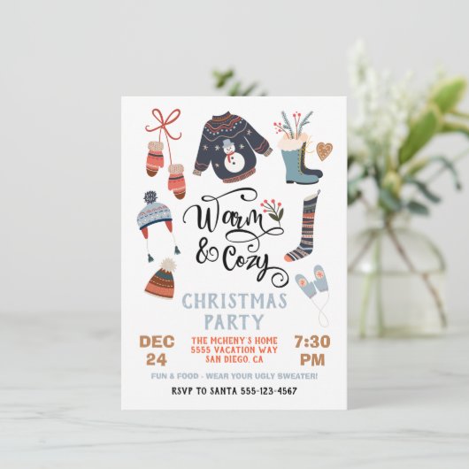 暖かく居心地の良い冬のパーティークリスマスの服 招待状 (スタンド正面)