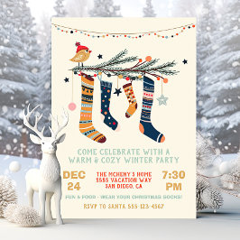 暖かく居心地の良い冬のパーティークリスマスソックス 招待状
