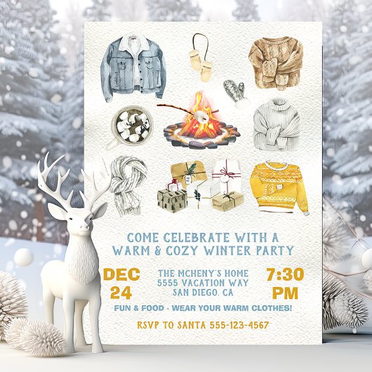 暖かく居心地の良い冬のパーティークリスマス焚き火 招待状