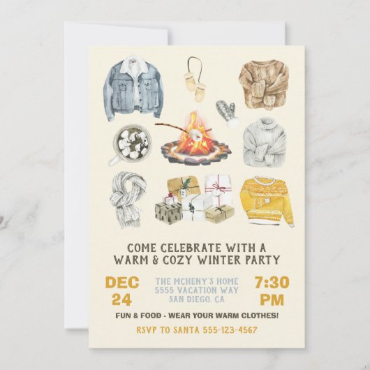 暖かく居心地の良い冬のパーティークリスマス焚き火 招待状 (正面)