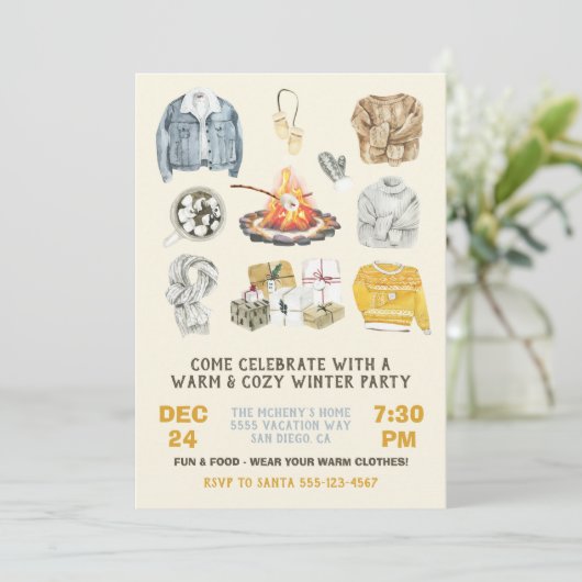 暖かく居心地の良い冬のパーティークリスマス焚き火 招待状 (スタンド正面)