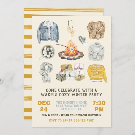 暖かく居心地の良い冬のパーティークリスマス焚き火 招待状 (正面/裏面)