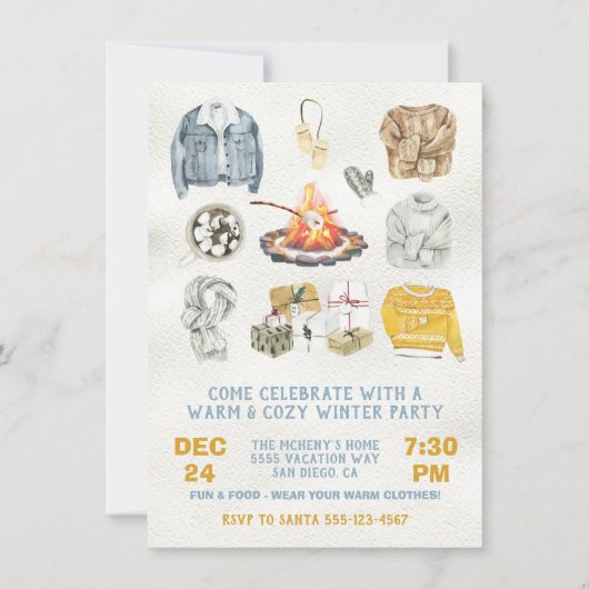 暖かく居心地の良い冬のパーティークリスマス焚き火 招待状 (正面)
