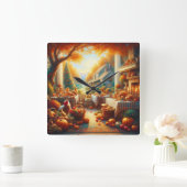 暖かく居心地の良い感謝祭の集まり スクエア壁時計 (ホーム)