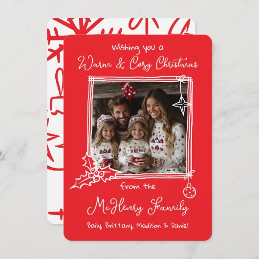暖かく居心地の良い手描きドードルフォトクリスマスカード 招待状 (正面/裏面)