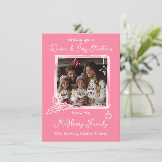 暖かく居心地の良い手描きドードルフォトクリスマスカード 招待状 (スタンド正面)