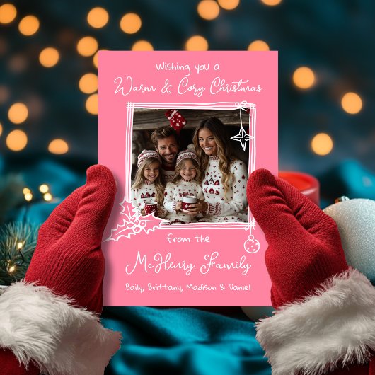 暖かく居心地の良い手描きドードルフォトクリスマスカード 招待状