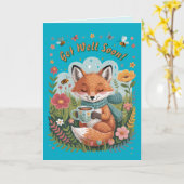 暖かく陽気な居心地の良いウッドランドキツネが早く元気になる! カード (黄色い花)
