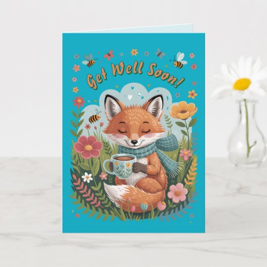 暖かく陽気な居心地の良いウッドランドキツネが早く元気になる！ カード (小さな植物)