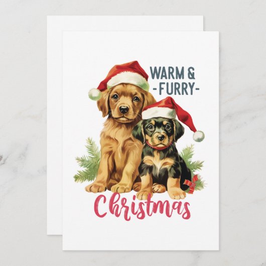 暖かく&毛皮のクリスマス2023ヴィンテージ子犬ペット シーズンカード (正面/裏面)
