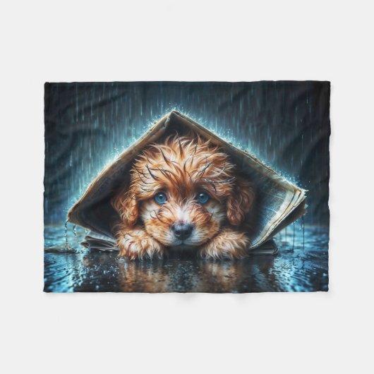 暖かさと心地よいを求める毛羽立ちのぬれた子犬 フリースブランケット (正面(横))
