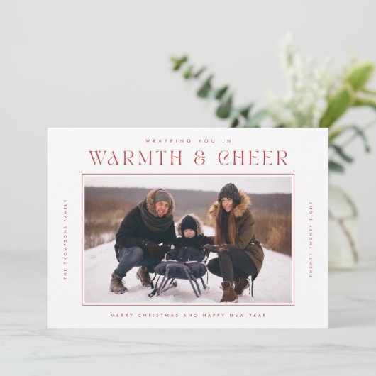 暖かさと応援 | 赤モダンのクリスマス4枚 シーズンカード (スタンド正面)