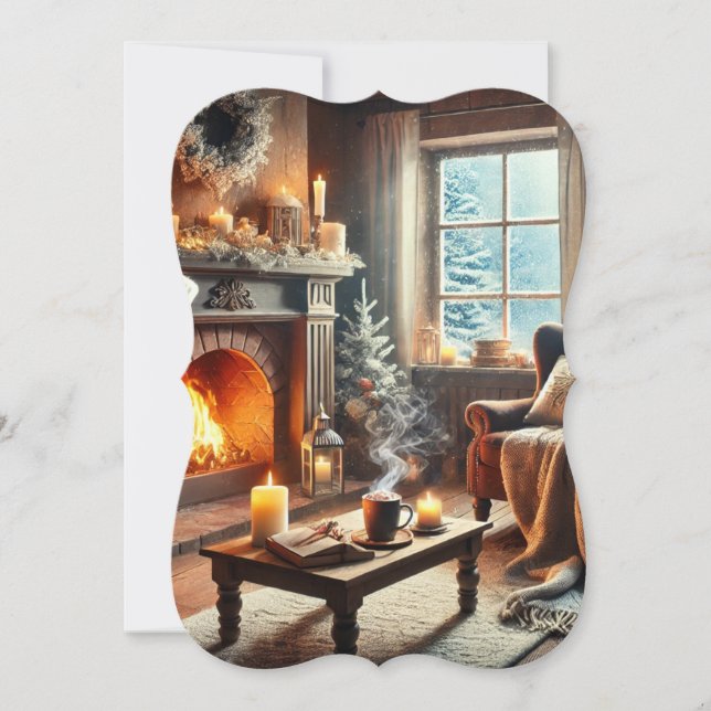 暖かな薪ストーブのそばでの穏やかな冬の風景 (正面)