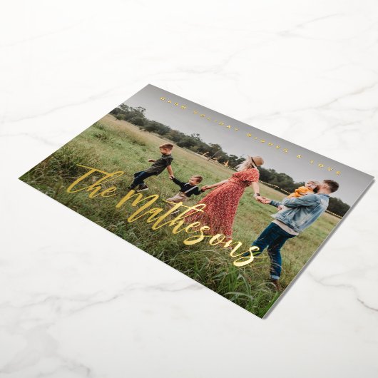 暖エレガントかい休日のウィッシュ家族の写真の姓 箔シーズンカード (回転した状態)