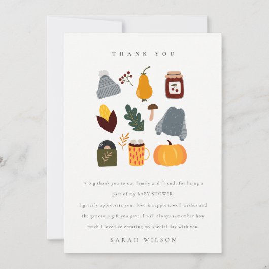 暖エレガントかい居心地の良い秋のエッセンシャルベビーシャワー サンキューカード (正面)