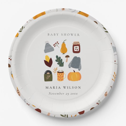 暖エレガントかい居心地の良い秋のエッセンシャルベビーシャワー ペーパープレート (正面)