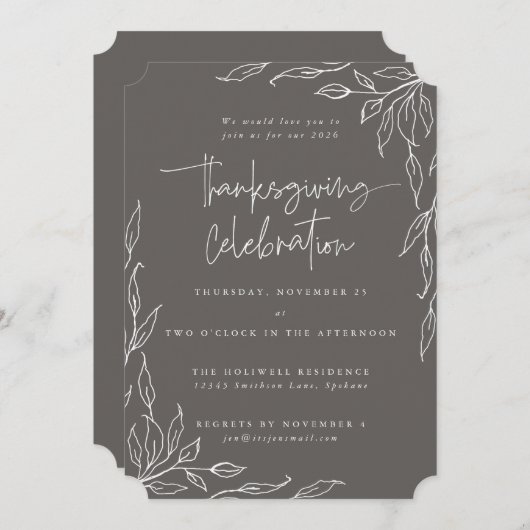暖エレガントかい灰色のモダン葉のモチーフ 招待状 (正面/裏面)